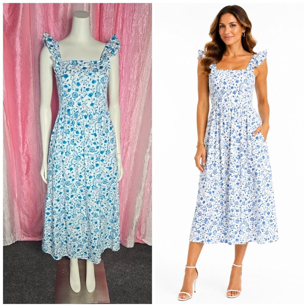 Draper James Blue White Floral Ruffle Cotton Cottagecore Dress Size Small